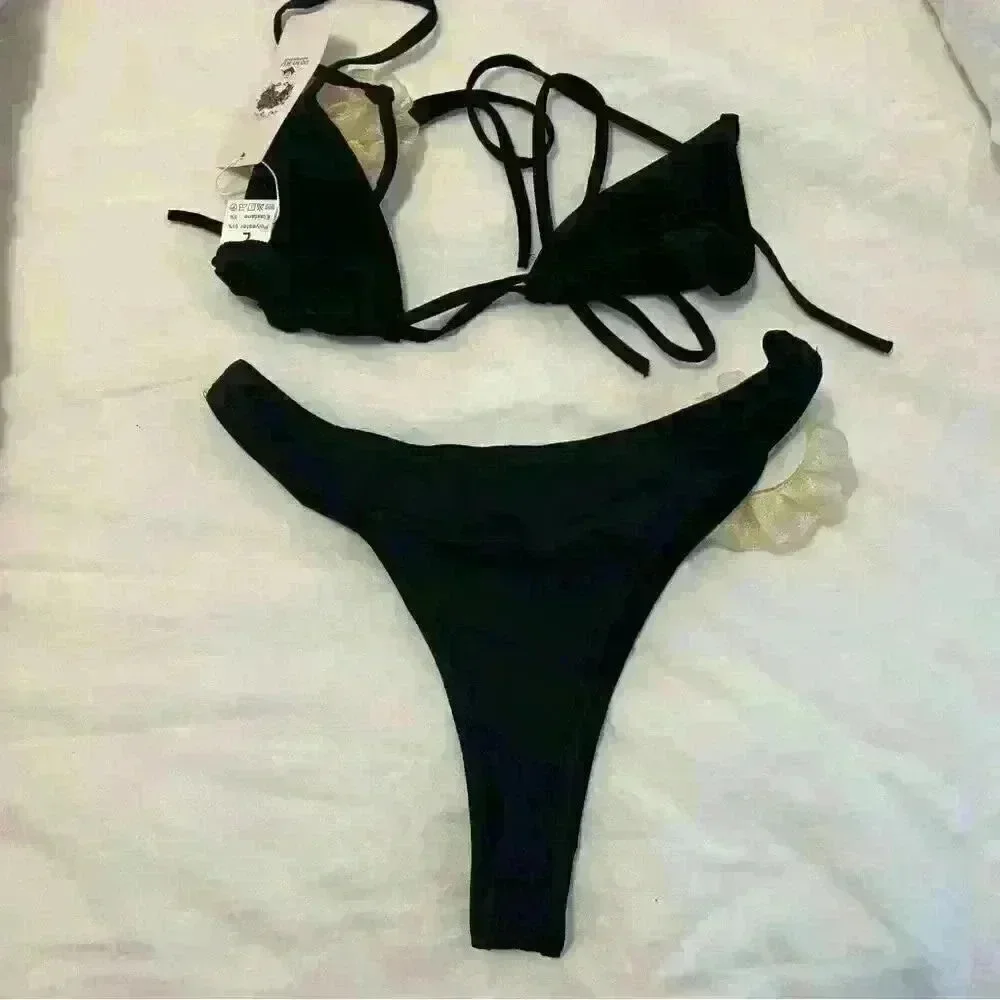 Rosette Black Triangle Top Bikini Set
